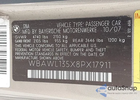 2008 BMW 328I from USA, damaged, VIN WBAWL135X8PX17911